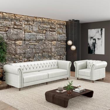 Imagem de Conjunto Sala de Estar 1 Sofá Living 260cm e 1 Poltrona Stanford Chesterfield Pés Madeira Couro Branco Manchado G58 - Gran Belo