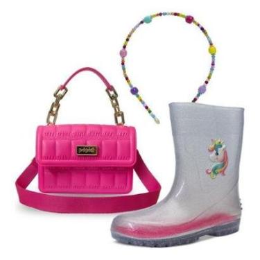 Imagem de Kit Bolsa Tiara E Bota Galocha Chuva Unicórnio Infantil K08-Feminino