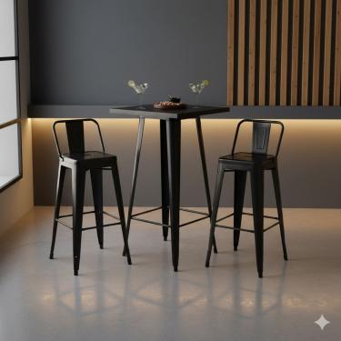 Imagem de Kit Mesa Bistro Tolix + 2 Banquetas Tolix Alta Com Encosto Pretas