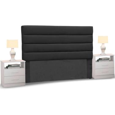 Imagem de Cabeceira Cama Box Casal King 195cm Greta Suede Preto e 2 Mesas de Cabeceira Flex Branco - Mpozenato