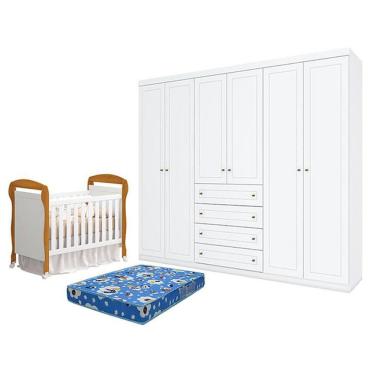 Imagem de Berço Americano Danny Branco Acetinado Savana Reller e Guarda Roupa Casal Americano 6 portas Branco HP e Colchão Ortobom - Henn.