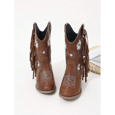 Imagem de Botas De Moda Preppy Com Salto Grosso E Bico Redondo, Bordadas Com Flo