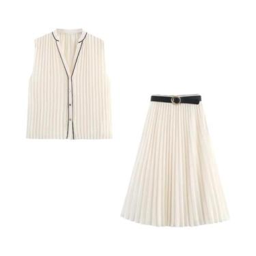 Imagem de Conjunto De Vestido Midi Plissado Com Camisa De Estilo Acadêmico BSAY 