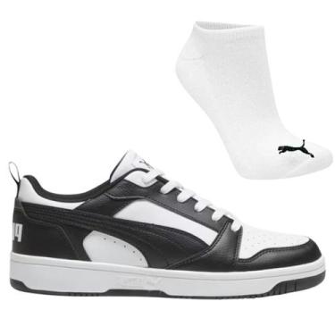 Imagem de Kit Tênis Casual Masculino Puma Rebound V6 Low E Meia, 43, Preto, Bran