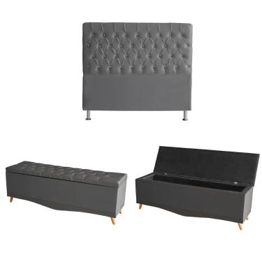 Imagem de Kit Estrela Cabeceira De Cama Box E Calçadeira Baú Pés Palito Botão Cristal Casal 140 Cm Suede Grafite Do Lar Móveis