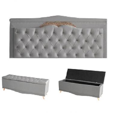 Imagem de Kit Barcelona Cabeceira De Cama Painel E Calçadeira Baú Casal 140 Cm Suede Prata Do Lar Móveis E Decoração