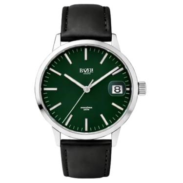 Imagem de Relógio Masculino Clássico Bazeli Amazônia 40 mm Verde Pulseira de Couro Preto com Data Caixa Prata Quartzo Japonês