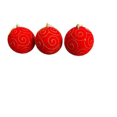 Imagem de Jogo Bolas Veludo Vermelha - Listas Ouro 3 Pçs Decorativas de Natal em EPS e Veludo 8CM...