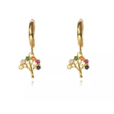 Imagem de Brinco Argola Floratta Joias Argolinha de Árvore da Vida Folheado em Ouro 18K 2,5CM Dourado Feminino