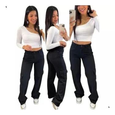 Imagem de Calça Jeans Feminina Wide Leg Cargo - Yets jeans, Preto, 34