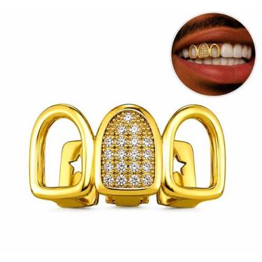 Imagem de Grillz 3 Dentes Cravejado Vazado Banhado Dourado Trap Rap - Wb