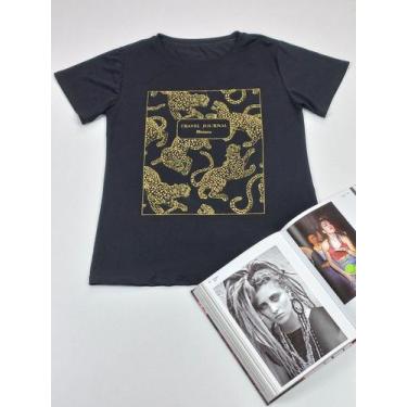 Imagem de Camiseta Feminina Básica Preta Estampa Onça - Web Clothes