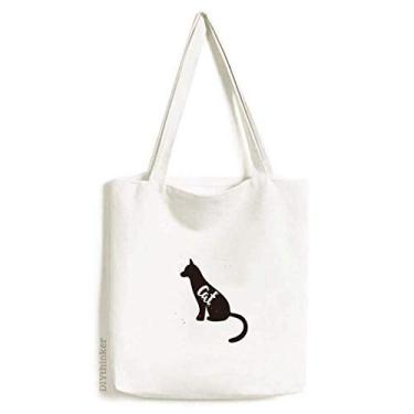 Imagem de Bolsa sacola de lona preta e branca de gato bolsa de compras casual bolsa de compras