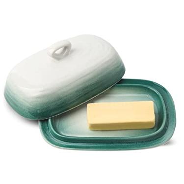 Imagem de Hasense Manteigueira com tampa, mantegueira de cerâmica com tampa para bancada, suporte de manteiga de porcelana com design de alça para manteiga da costa leste, bandeja de manteiga com tampa para geladeira, verde