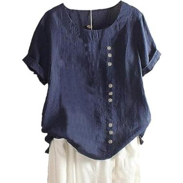 Imagem de Apvirdy Blusa feminina de verão de manga curta, casual, algodão, linho, gola redonda, cor sólida, Azul, G