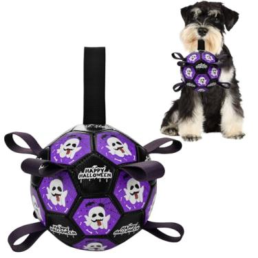 Imagem de LyssKMK Brinquedo de futebol para cães com alças brinquedo interativo para cães de Halloween para cabo de guerra Dia das Bruxas Brinquedo de bola de puxar para cães com padrão de fantasma para cães