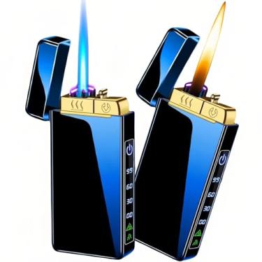 Imagem de NINSI Isqueiro de tocha, isqueiro 3 em 1 de arco duplo de plasma de chama macia de butano, isqueiros elétricos recarregáveis por USB com lanterna, isqueiros recarregáveis à prova de vento (sem