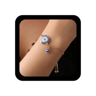 Imagem de Allereyae Pulseira de cristal gótico com olho turco, pulseira azul turca dourada com corrente de olho da sorte, pulseiras de olhos de cristal, joia de mão com olho de zircônia cúbica para mulheres
