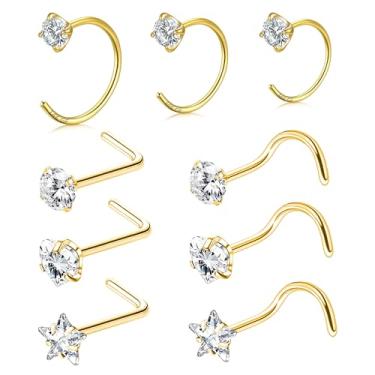 Imagem de FLOGWE Anel de nariz preenchido com ouro 14K 20G, argolas de aço inoxidável 316L, diâmetro de 6 mm, 8 mm, 10 mm, anel de nariz, hipoalergênico, piercing de narina, joia para mulheres e homens, ONE