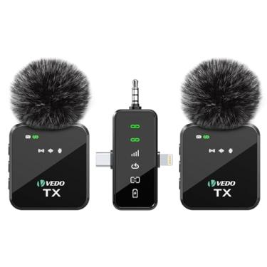 Imagem de VEDO Microfone de lapela sem fio 3 em 1 para iPhone/Android/Câmera, Microfone Transmissão de 25m, Bateria com duração de 18 horas, Mini microfone para gravação de entrevistas e vlogs