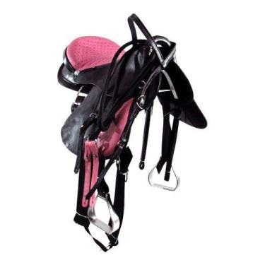 Imagem de Cela De Couro Com Aba Inox Arriada Preta Com Rosa Original Completa - 