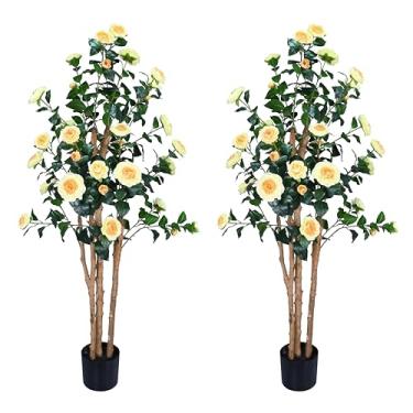 Imagem de Camélia de árvores artificiais realistas com troncos de madeira natural, rosa sintética de seda perene com flores de seda, decoração interna para sala de estar, varanda, escritório (2, amarelo, 1,5 m)