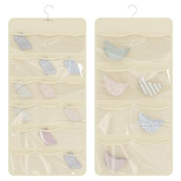 Imagem de Bosuelife Organizador de roupa íntima para pendurar, 28 bolsos, armazenamento de dois lados para meias, sutiãs, leggings, lingerie e roupas infantis, bege