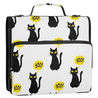 Imagem de CEBUGI Fichário de 3 anéis com zíper com alça de ombro, pasta de arquivo expansível de 3,8 cm, anéis D, para escola, escritório, gatos, Halloween, preto