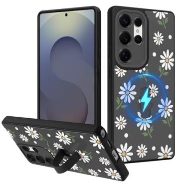 Imagem de Fiyart Capa projetada para Samsung Galaxy S25 Ultra, lindas flores florais, margarida, alça de dedo oculta, suporte de telefone para mulheres e meninas, compatível com MagSafe TPU Hard PC à prova de