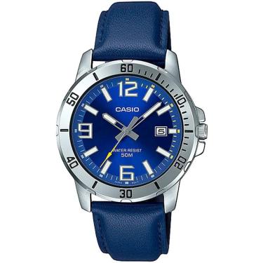 Imagem de Relógio Masculino Casio Prata E Azul Data Pulseira De Couro