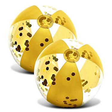 Imagem de POZA 2 bolas de praia infláveis douradas – bola de praia inflável luxuosa preenchida com confetes dourados brilhantes, bolas de piscina de vinil resistentes para crianças e adultos, bolas de sinuca