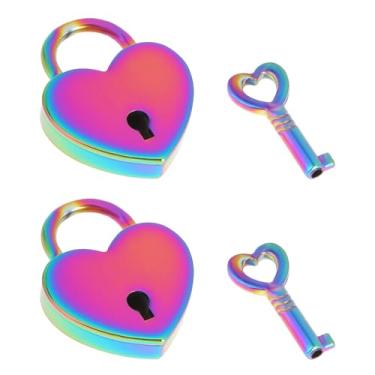 Imagem de Pacote com 2 mini cadeados em forma de coração com chave, pequeno cadeado de metal em forma de coração, mini cadeados com chave, blocos de coração coloridos para colar, diário, caixa de joias, caixa