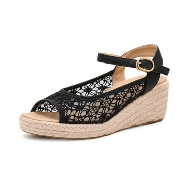 Imagem de Alexis Leroy Sandália feminina com salto cunha com recorte na gáspea, peep toe, Malha preta, 35