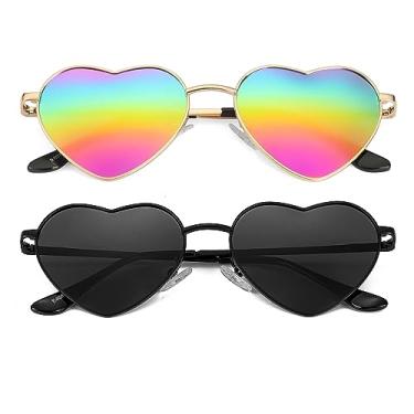 Imagem de JOVAKIT Óculos de sol com coração polarizado para mulheres, estilo adorável, armação de metal, lentes de proteção UV400, U91 Pacote com dois: (Ouro/Espelho Arco-íris + Preto/Cinza), lenswidth