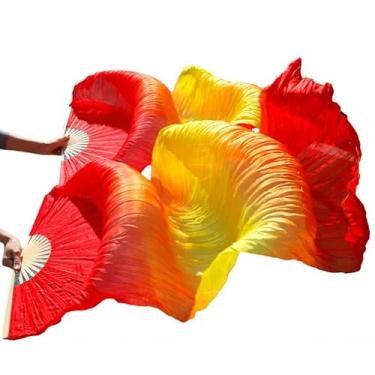 Imagem de SNOWAQUA Fãs de véu de seda sintética de dança do ventre, 1 par (esquerda + direita) véu longo de fãs de bambu de seda sintética, fãs de seda para dança do ventre, desempenho de dança (estilo2, 90 x 187 cm)