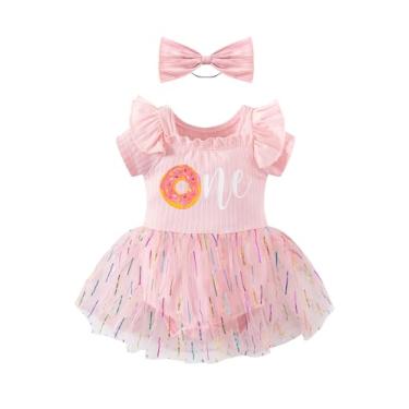 Imagem de bakjuno Baby Girl 1st Birthday Donut Clothes One Year Old Tulle Romper Short Sleeve Bodysuit Cake Smash Outfits (6-9 Months)