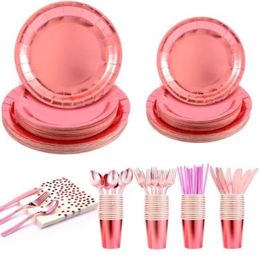 Imagem de Conjunto de pratos descartáveis 200/400 peças de 23 cm, pratos de 18 cm, copos, guardanapos, garfos, facas, colheres, tubos, serve para 25/50 convidados (200, ouro rosa)