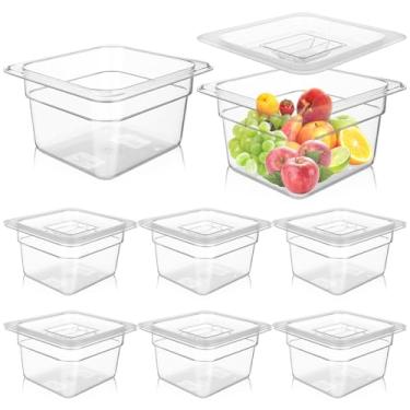 Imagem de Conjunto de 8 panelas de alimentos de policarbonato transparente tamanho 1/6 com tampas, recipientes de armazenamento de alimentos de 10 cm de profundidade com tampa Recipientes empilháveis comerciais
