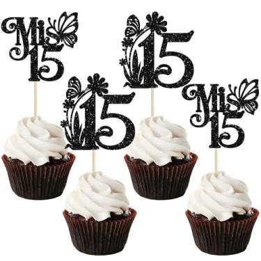 Imagem de Ephlyn 24Pcs Mis 15 Cupcake Toppers Glitter Mis Quince 15 Feliz 15 Años Cupcake Picks Hello 15 Fabulous Cupcake Decorations for Cheers to 15 Happy 15th Birthday Party Cake Decorations Black