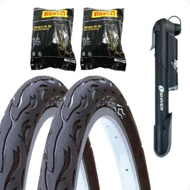 Imagem de PAR Pneu Bicicleta Kenda Flame Balão Aro 26 x 2.125 Liso Fogo + PAR Camara Pirelli + Bombinha de ar 