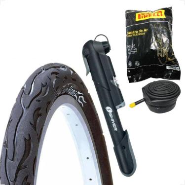 Imagem de Pneu Bicicleta Kenda Flame Balão Aro 26 x 2.125 Liso Fogo + Camara Pirelli + Bombinha Portatil
