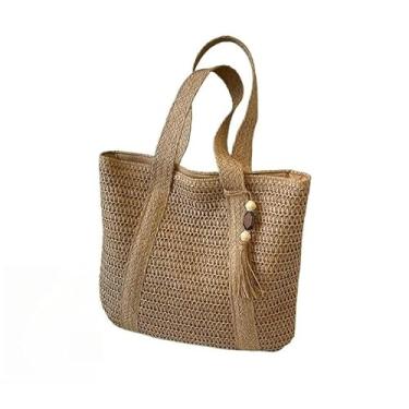 Imagem de Verão Grande Capacidade Tote Bolsa Feminina Bolsa de Ombro Feita à Mão Fresca Rural Portátil Grama Tecida(Càqui)