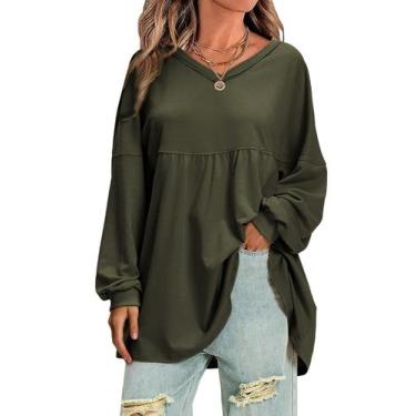 Imagem de Camisa feminina EXLURA, outono, decote em V, maternidade, solta, verde