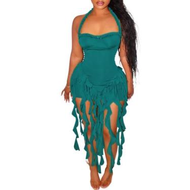 Imagem de Vestido Ecirod Summer Ruffle Fringe Halter, sem encosto, verde, femini