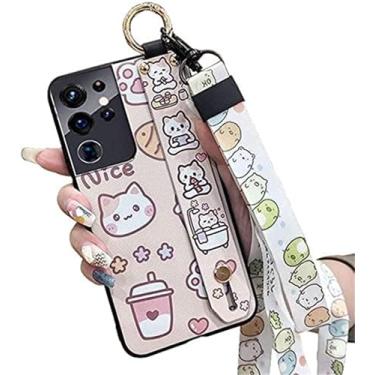 Imagem de Linda capa transversal compatível com Samsung Galaxy A36 5G capas de telefone com alça de pulso suporte cordão de silicone macio à prova de choque capa protetora para Galaxy A36 5G (gato chá leite)