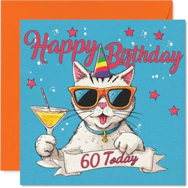 Imagem de Cartões de aniversário de 60 anos para mulheres e homens - Dia Meowgical - Cartão de feliz aniversário para mulher de 60 anos homem avô irmão irmã amigo, cartões comemorativos de aniversário de 14 cm