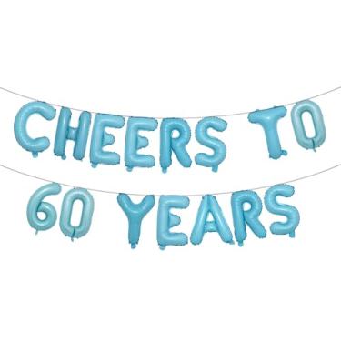 Imagem de Cheers to 60 Years Banner Foil 60º aniversário balão decorações de festa para ele/ela 60 anos decorações de aniversário suprimentos de festa de casamento para homens/mulheres (CHEERS TO 60 ANOS Azul