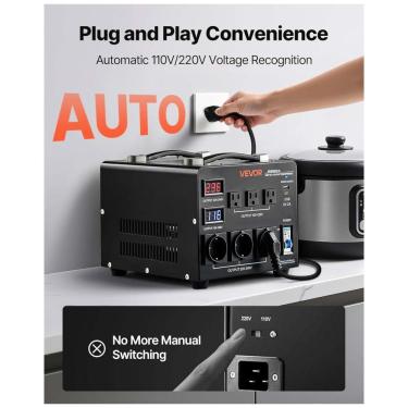 Imagem de Transformador (Conversor)de Voltagem Automático VEVOR 3000VA Elevação/Redução 110V para 220V/220V para 110V 3 US 3 EU LCD Disjuntor
