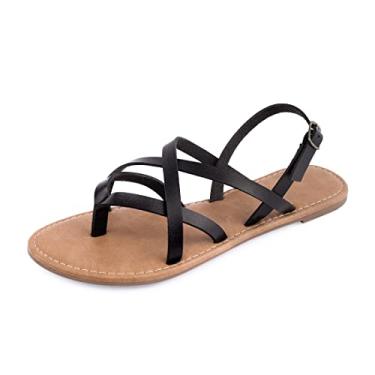 Imagem de Sandália feminina gladiadora plana pescador com tiras sandálias tira no tornozelo, Preto, 8.5