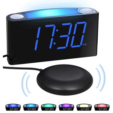 Imagem de Despertador vibratório extra alto com agitador de cama para dorminhocos pesados, relógio de quarto digital para idoso deficiente auditivo surdo, luz 7 noite, grande display led, Dimmer, 2 carregador usb, 12/24H, Backup da bateria